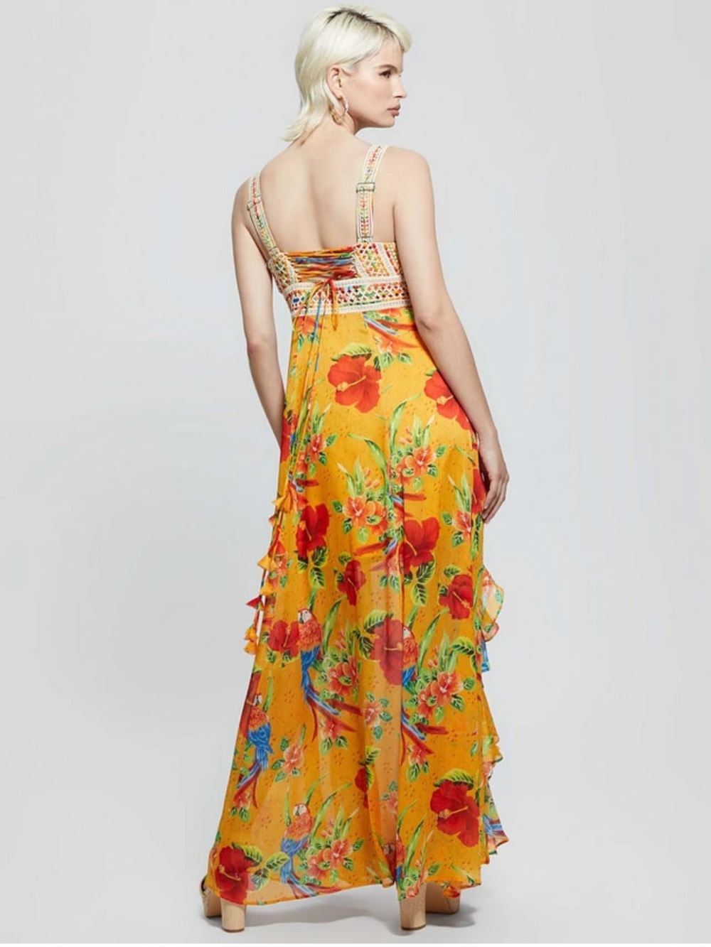 Guess Med Yellow Serena Floral Maxi Dress with Embroidered Bodice tropical print - Picture 2 of 7